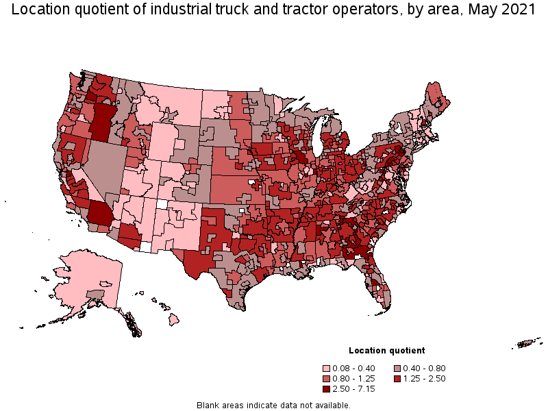 Map of location quotient of industrial truck and tractor operators by area, May 2021