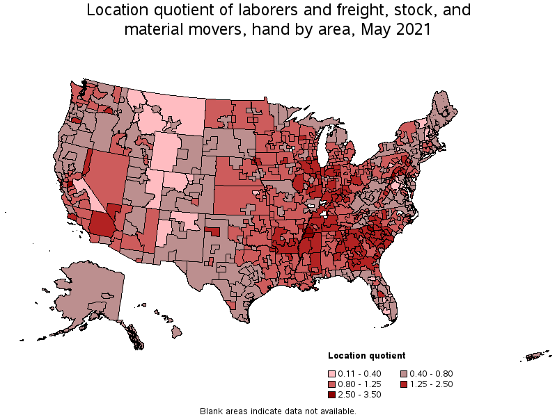 Map of location quotient of laborers and freight, stock, and material movers, hand by area, May 2021