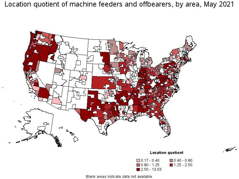 Map of location quotient of machine feeders and offbearers by area, May 2021