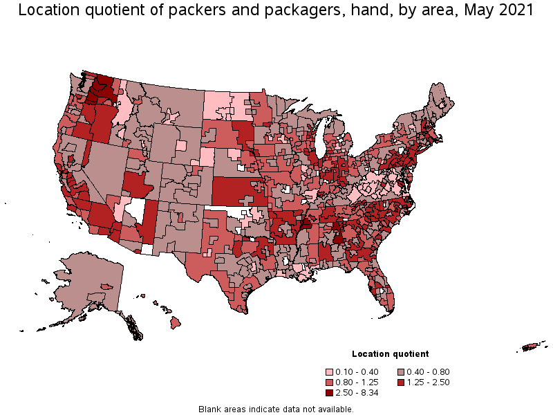 Map of location quotient of packers and packagers, hand by area, May 2021