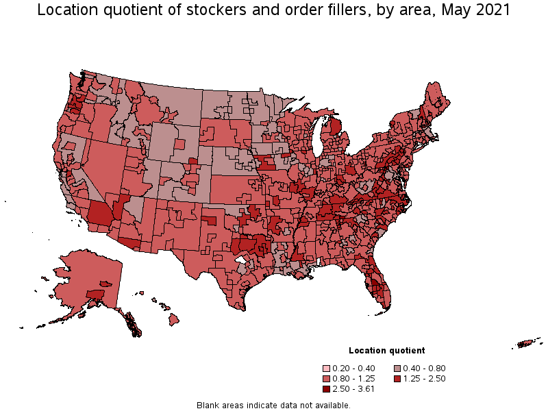 Map of location quotient of stockers and order fillers by area, May 2021