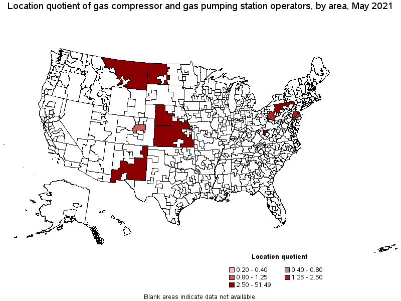 Map of location quotient of gas compressor and gas pumping station operators by area, May 2021