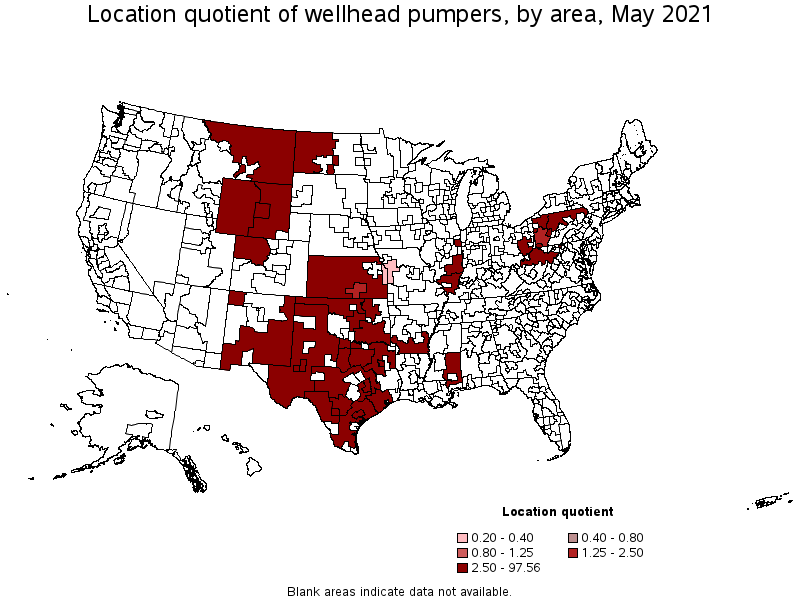 Map of location quotient of wellhead pumpers by area, May 2021