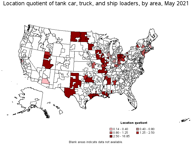 Map of location quotient of tank car, truck, and ship loaders by area, May 2021