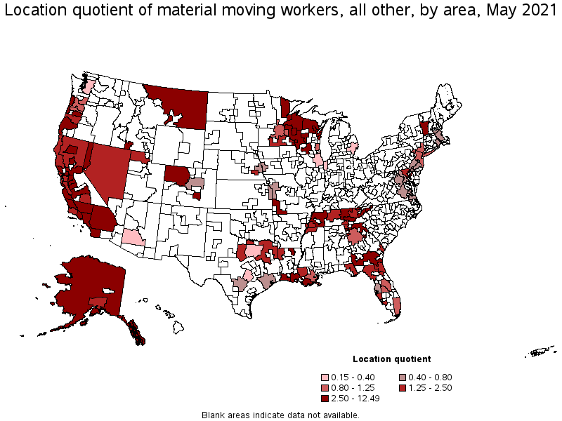 Map of location quotient of material moving workers, all other by area, May 2021