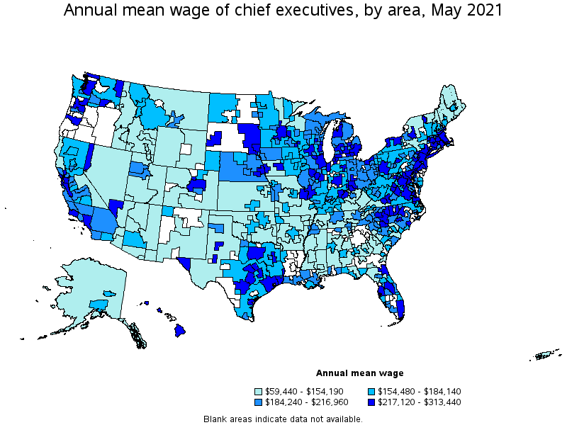 Map of annual mean wages of chief executives by area, May 2021