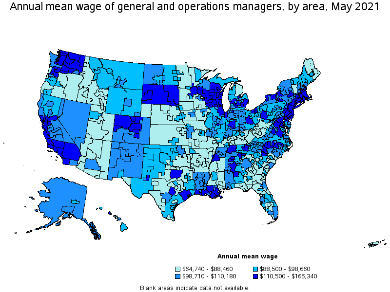 Map of annual mean wages of general and operations managers by area, May 2021