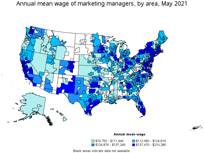 Map of annual mean wages of marketing managers by area, May 2021