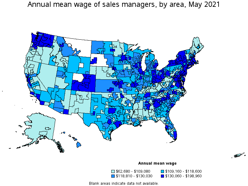 Map of annual mean wages of sales managers by area, May 2021