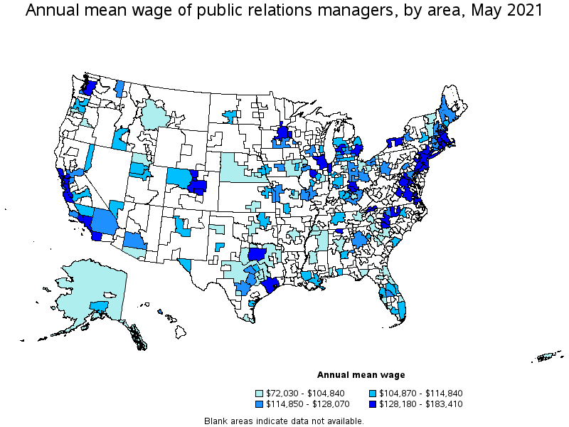 Map of annual mean wages of public relations managers by area, May 2021