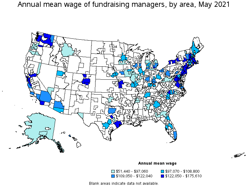 Map of annual mean wages of fundraising managers by area, May 2021