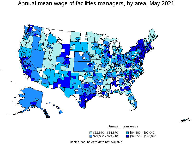 Map of annual mean wages of facilities managers by area, May 2021
