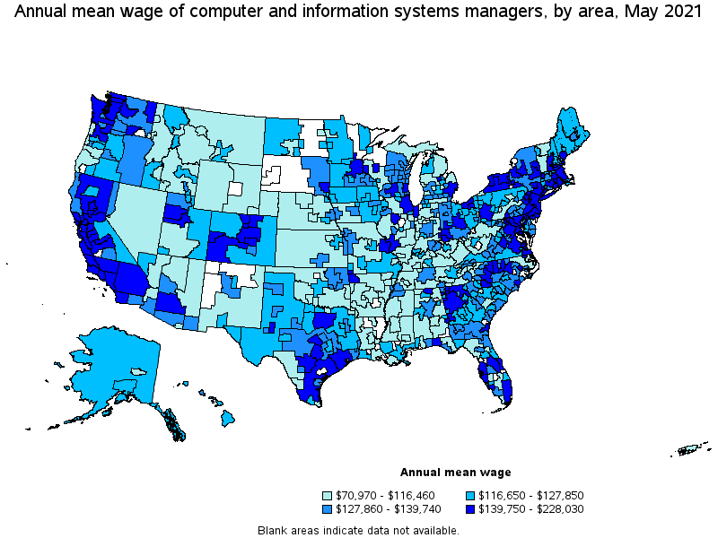 Map of annual mean wages of computer and information systems managers by area, May 2021