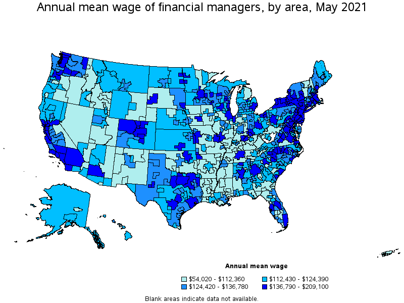 Map of annual mean wages of financial managers by area, May 2021