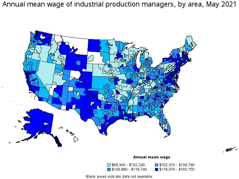 Map of annual mean wages of industrial production managers by area, May 2021