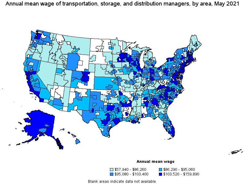 Map of annual mean wages of transportation, storage, and distribution managers by area, May 2021