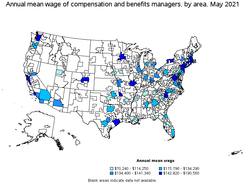Map of annual mean wages of compensation and benefits managers by area, May 2021