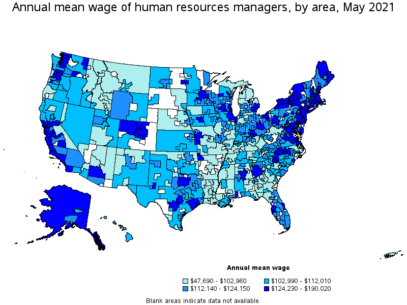 Map of annual mean wages of human resources managers by area, May 2021