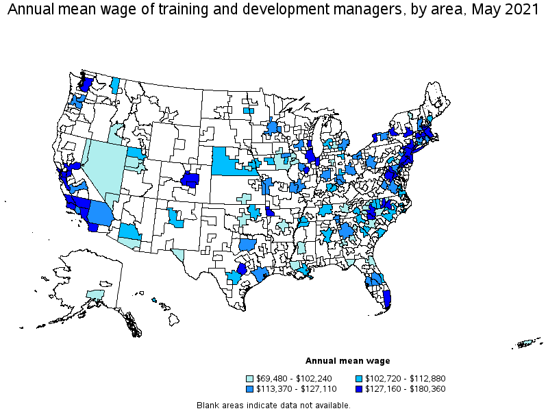 Map of annual mean wages of training and development managers by area, May 2021