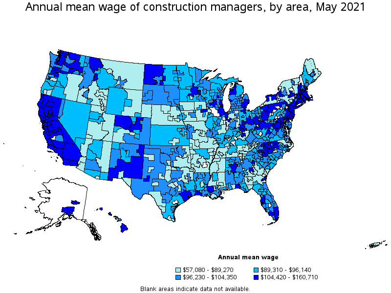Map of annual mean wages of construction managers by area, May 2021