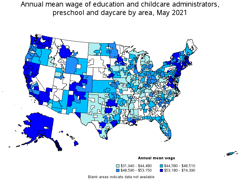 Map of annual mean wages of education and childcare administrators, preschool and daycare by area, May 2021