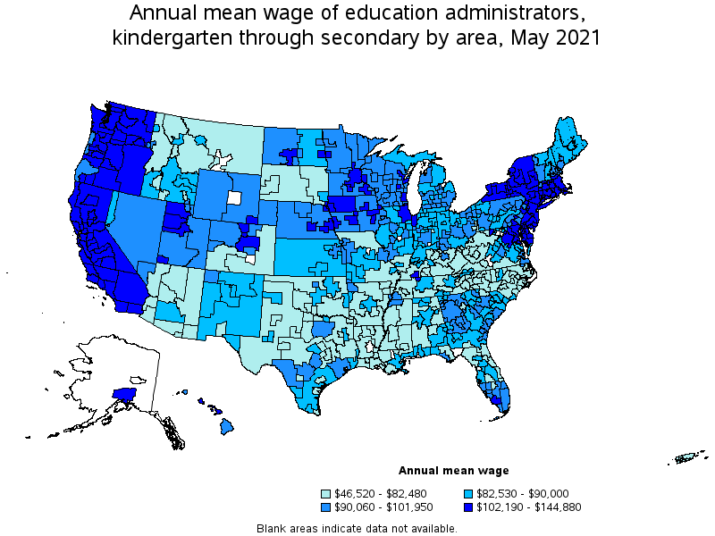 Map of annual mean wages of education administrators, kindergarten through secondary by area, May 2021