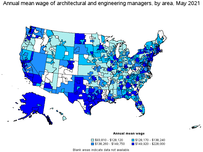 Map of annual mean wages of architectural and engineering managers by area, May 2021