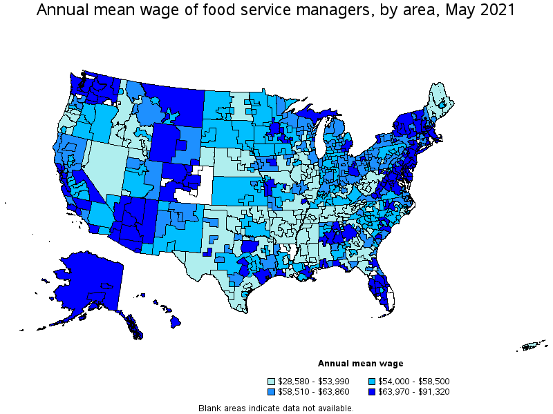 Map of annual mean wages of food service managers by area, May 2021