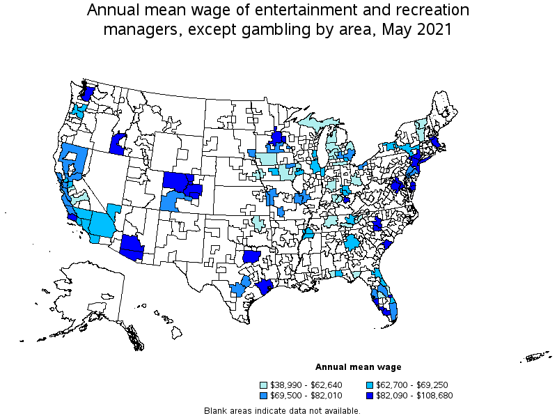 Map of annual mean wages of entertainment and recreation managers, except gambling by area, May 2021