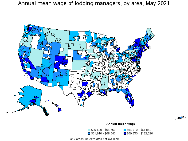 Map of annual mean wages of lodging managers by area, May 2021