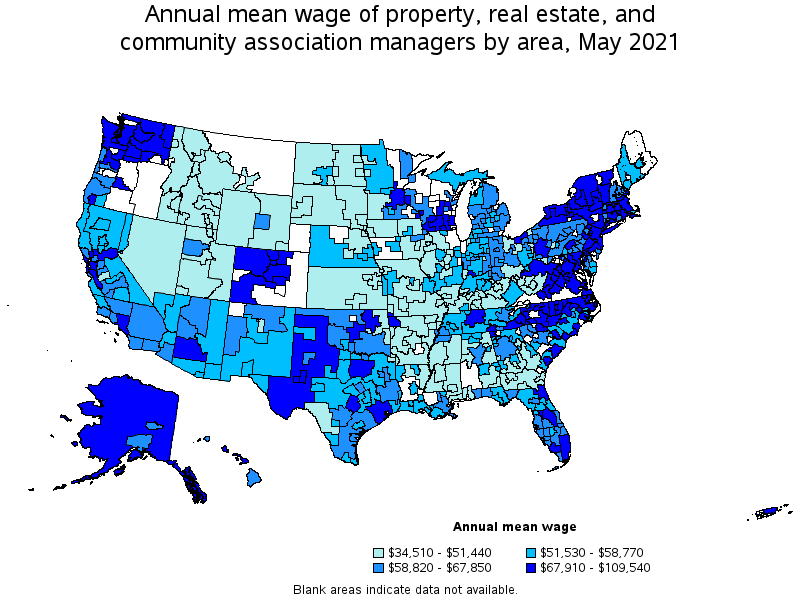 Map of annual mean wages of property, real estate, and community association managers by area, May 2021