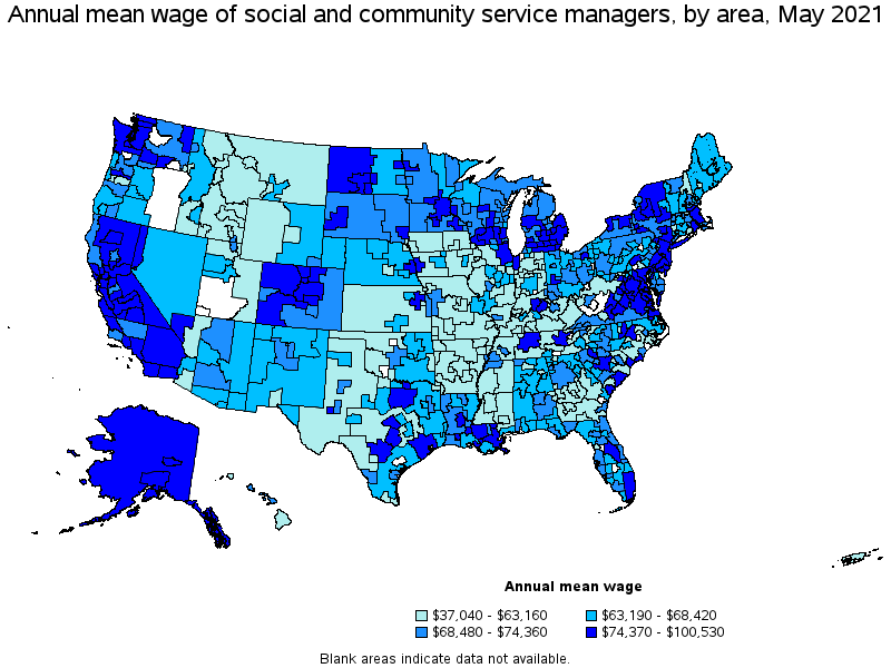 Map of annual mean wages of social and community service managers by area, May 2021