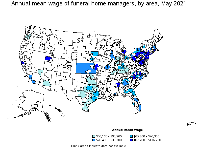 Map of annual mean wages of funeral home managers by area, May 2021