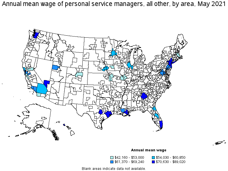 Map of annual mean wages of personal service managers, all other by area, May 2021