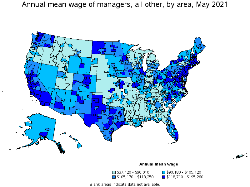 Map of annual mean wages of managers, all other by area, May 2021