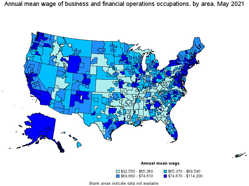 Map of annual mean wages of business and financial operations occupations by area, May 2021