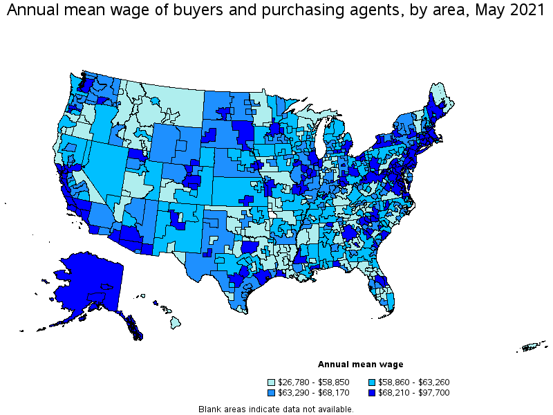 Map of annual mean wages of buyers and purchasing agents by area, May 2021