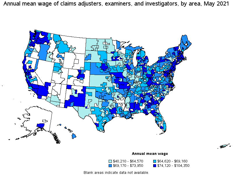 Map of annual mean wages of claims adjusters, examiners, and investigators by area, May 2021