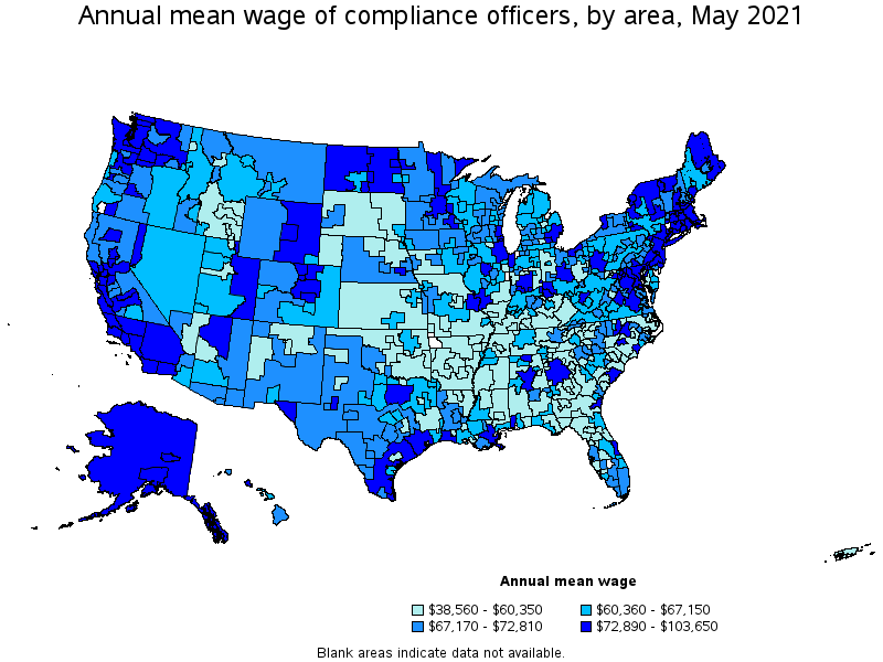 Map of annual mean wages of compliance officers by area, May 2021