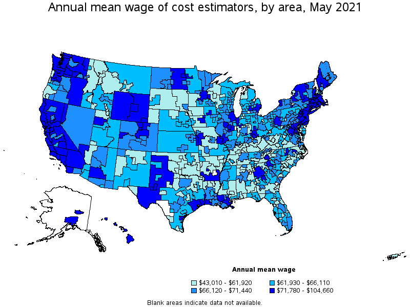 Map of annual mean wages of cost estimators by area, May 2021