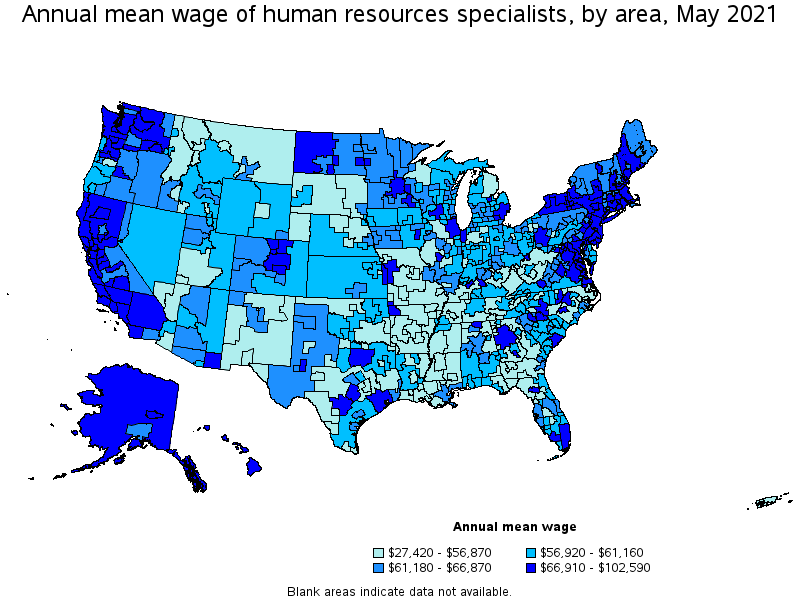 Map of annual mean wages of human resources specialists by area, May 2021