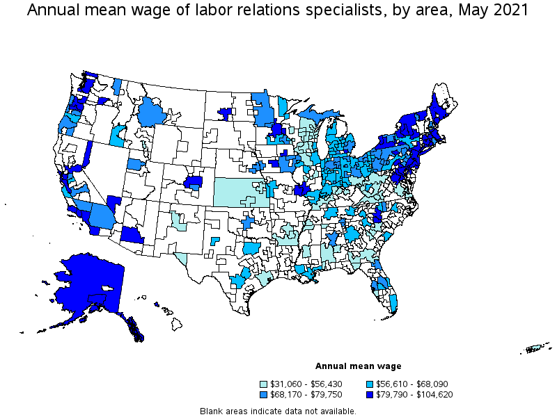 Map of annual mean wages of labor relations specialists by area, May 2021