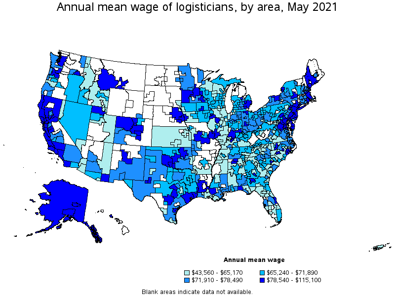 Map of annual mean wages of logisticians by area, May 2021
