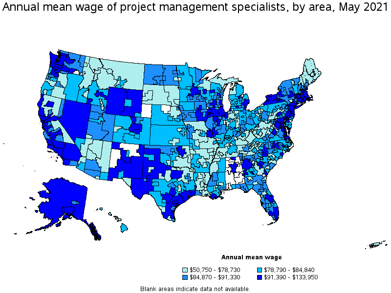 Map of annual mean wages of project management specialists by area, May 2021
