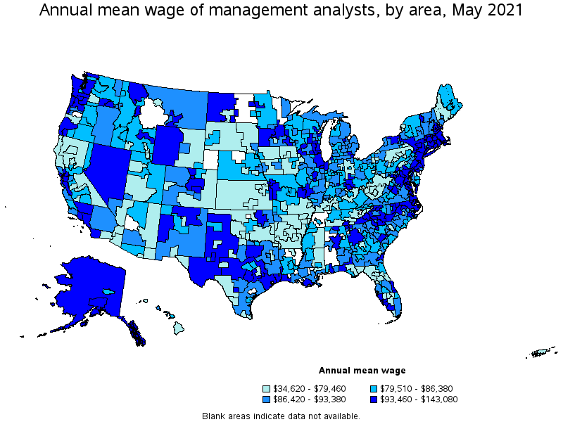 Map of annual mean wages of management analysts by area, May 2021