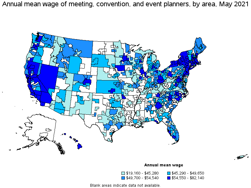 Map of annual mean wages of meeting, convention, and event planners by area, May 2021