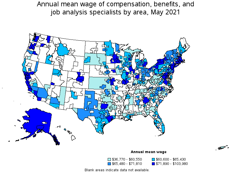 Map of annual mean wages of compensation, benefits, and job analysis specialists by area, May 2021