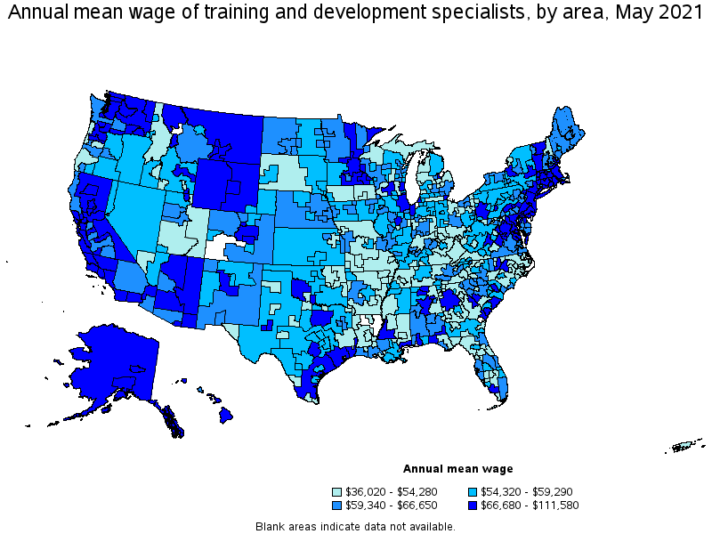 Map of annual mean wages of training and development specialists by area, May 2021