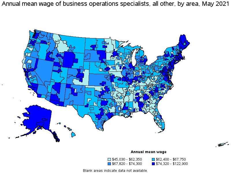 Map of annual mean wages of business operations specialists, all other by area, May 2021