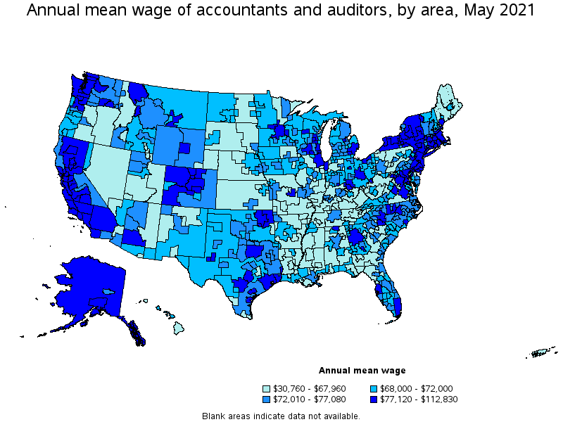 Map of annual mean wages of accountants and auditors by area, May 2021